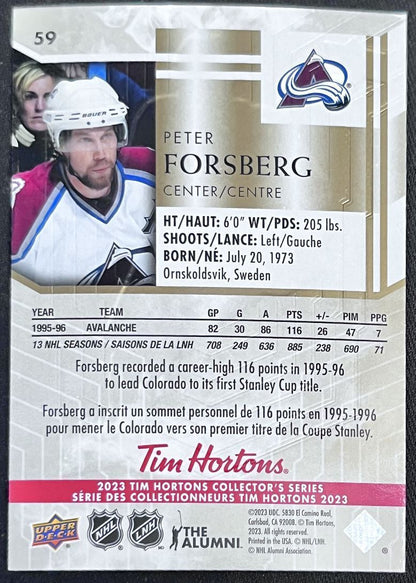 2023-24 Upper Deck Tim Hortons Legends Tim Horton Peter Forsberg Colorado