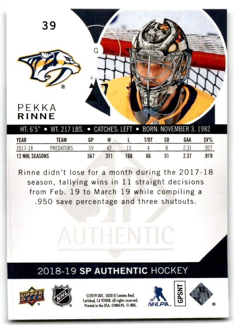 2018-19 SP Authentic Pekka Rinne Nashville Predators #39