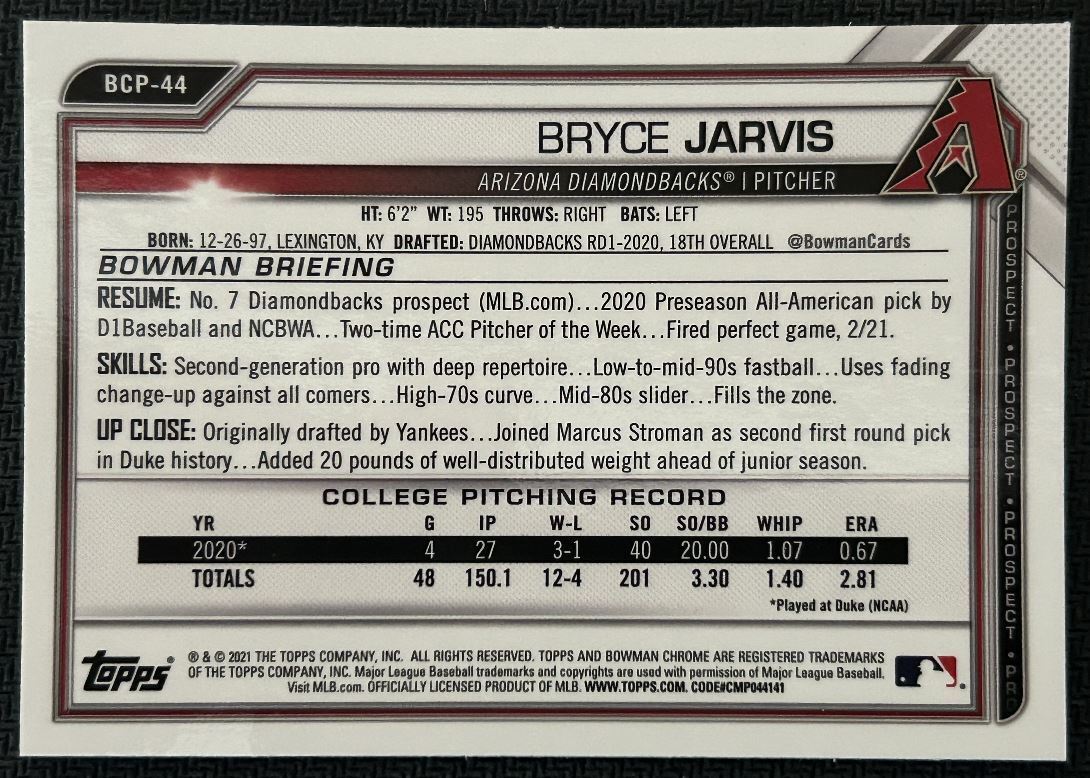 2021 Bowman Chrome Prospects Bryce Jarvis Arizona Diamondbacks #BCP-44