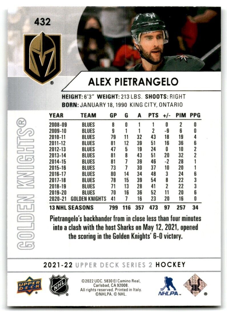 2021-22 Upper Deck Alex Pietrangelo Vegas Golden Knights #432