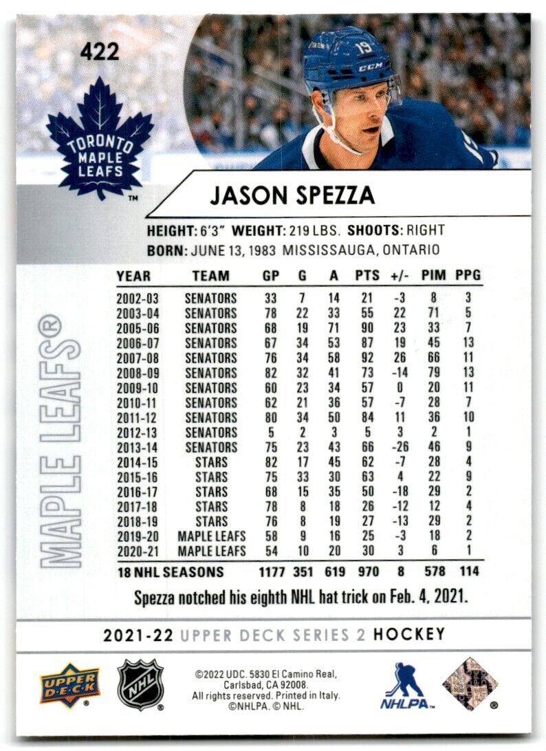 2021-22 Upper Deck Jason Spezza Toronto Maple Leafs #422