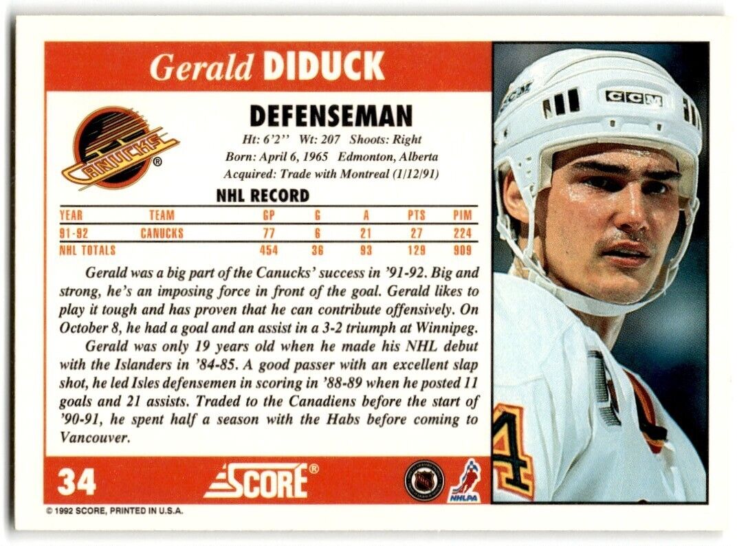 1992-93 Score Gerald Diduck Vancouver Canucks #34