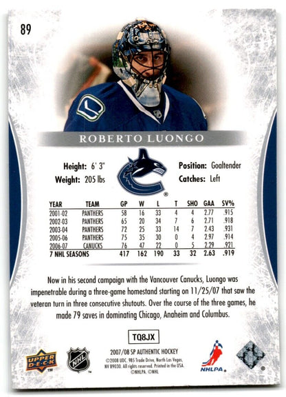 2007-08 SP Authentic Roberto Luongo Vancouver Canucks #89