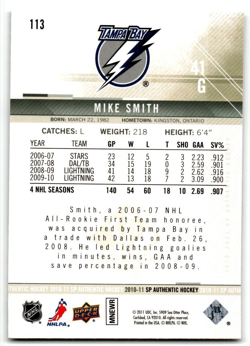 2010-11 SP Authentic Mike Smith Tampa Bay Lightning #113