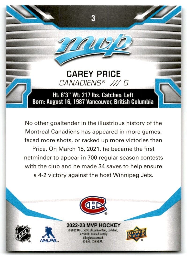 2022-23 Upper Deck MVP Carey Price Montreal Canadiens #3