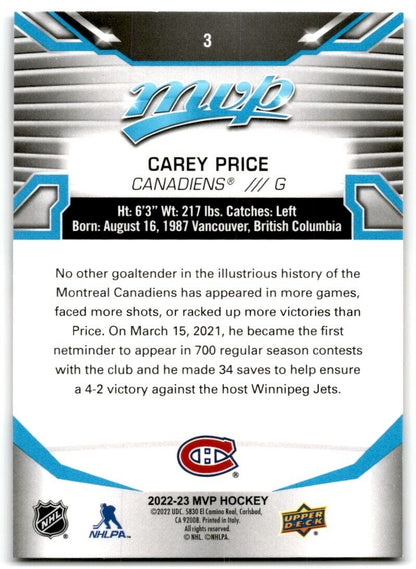 2022-23 Upper Deck MVP Carey Price Montreal Canadiens #3