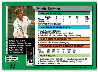 1991 Protennis player Cards Netpro Tour Star Patrik Kuhnen #32