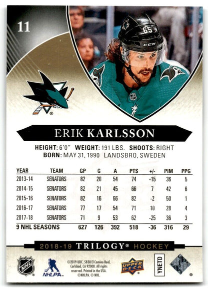 2018-19 Upper Deck Trilogy Erik Karlsson San Jose Sharks #11