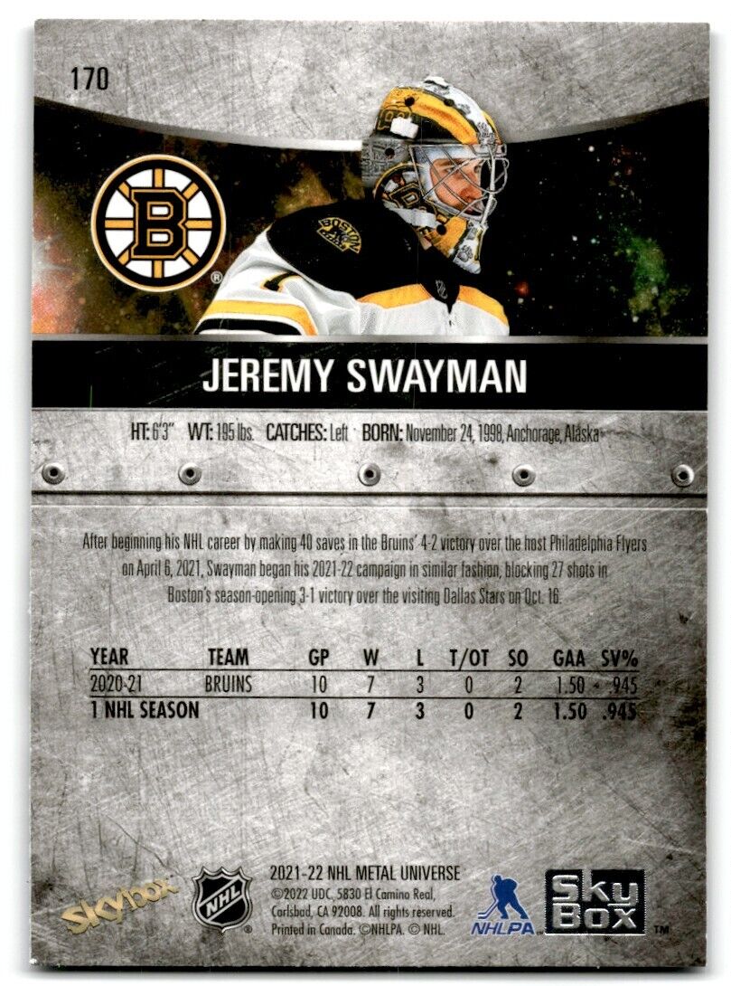 2021-22 Skybox Metal Universe Blue Jeremy Swayman Rookie Boston Bruins #170