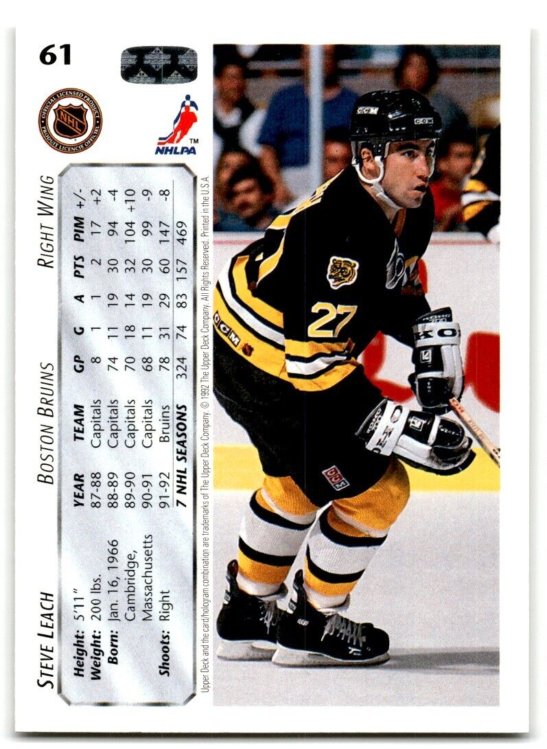 1992-93 Upper Deck Steve Leach Boston Bruins #61