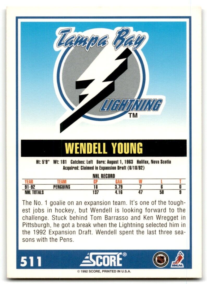 1992-93 Score Wendell Young Tampa Bay Lightning #511