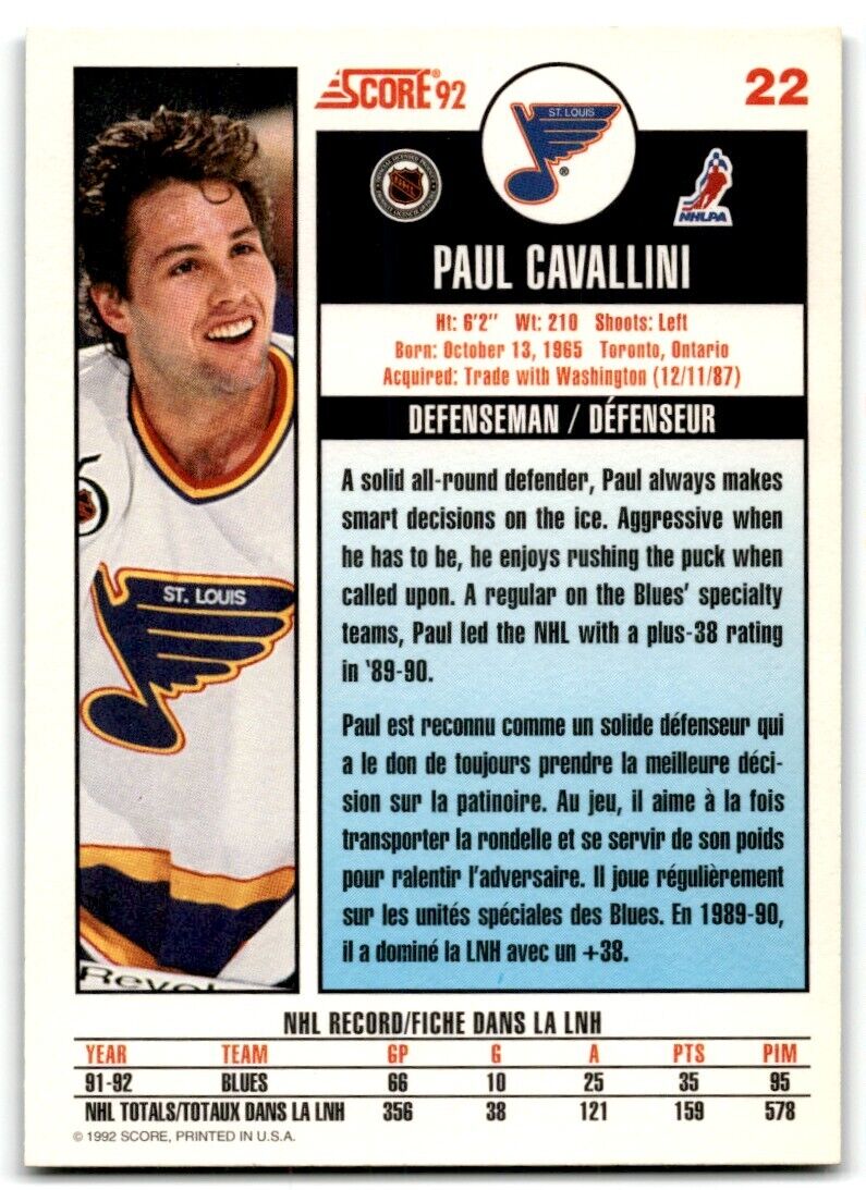 1992-93 Score Paul Cavallini St. Louis Blues #22