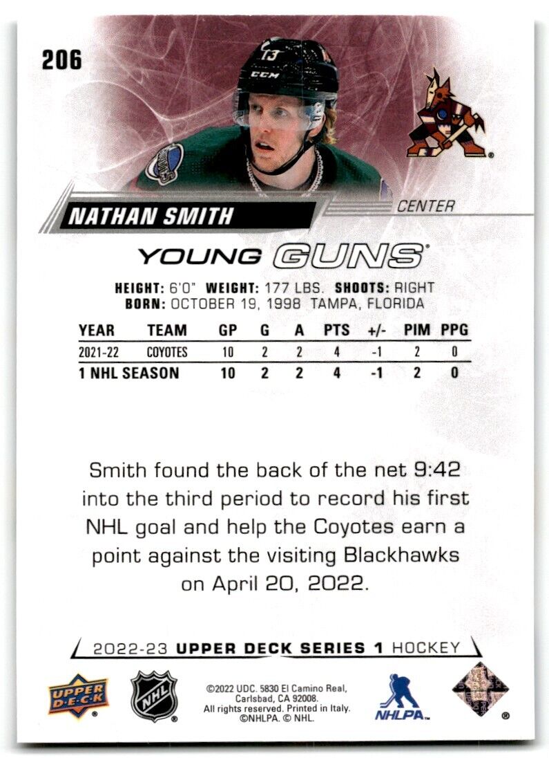 2022-23 Upper Deck Young Guns Nathan Smith Rookie Arizona Coyotes #206