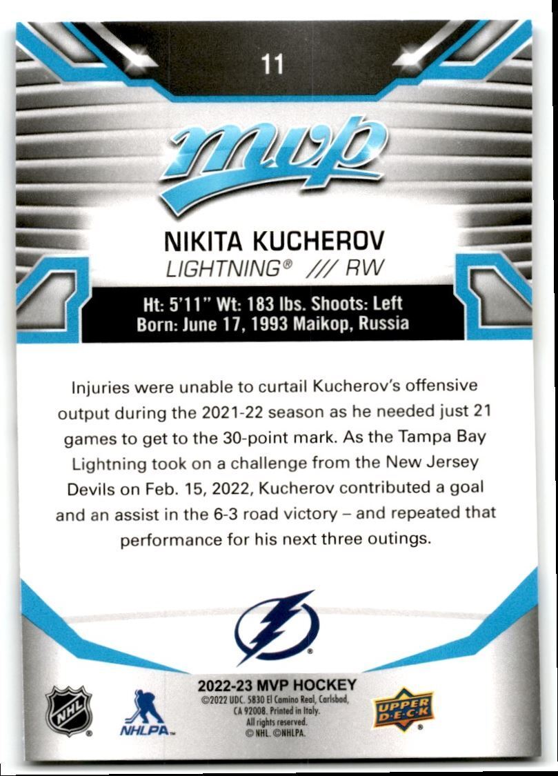 2022-23 Upper Deck MVP Nikita Kucherov Tampa Bay Lightning #11