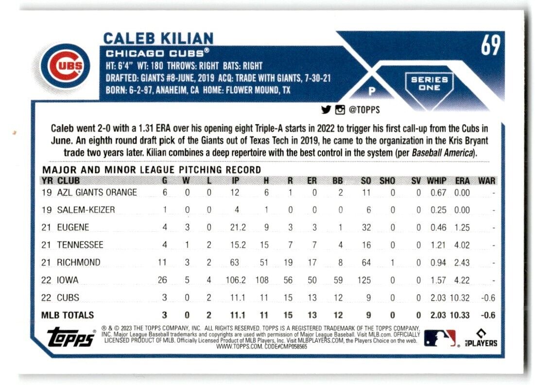 2023 Topps Caleb Kilian Rookie Chicago Cubs #69