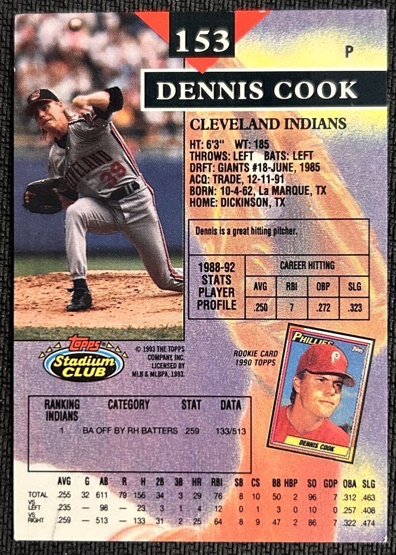 1993 Topps Stadium Club Dennis Cook Cleveland Indians #153