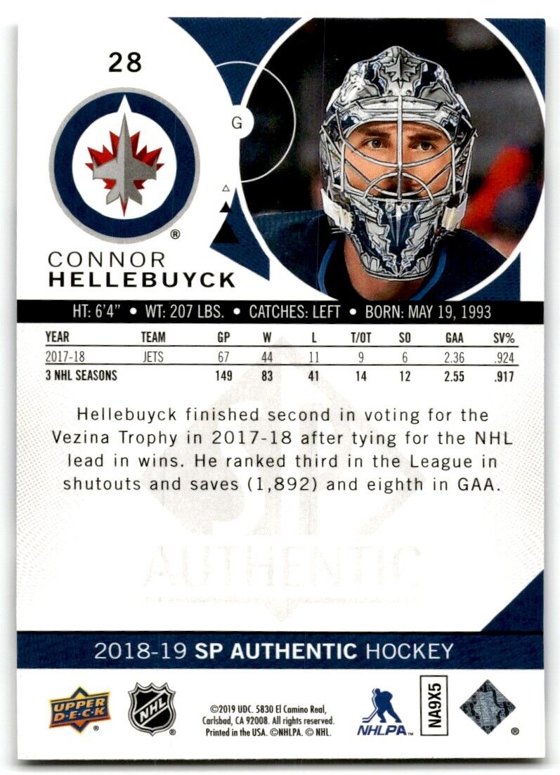 2018-19 SP Authentic Connor Hellebuyck Winnipeg Jets #28