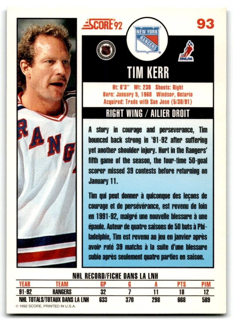 1992-93 Score Tim Kerr New York Rangers #93