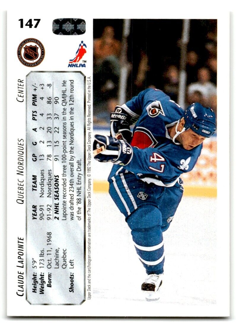 1992-93 Upper Deck Claude Lapointe Quebec Nordiques #147