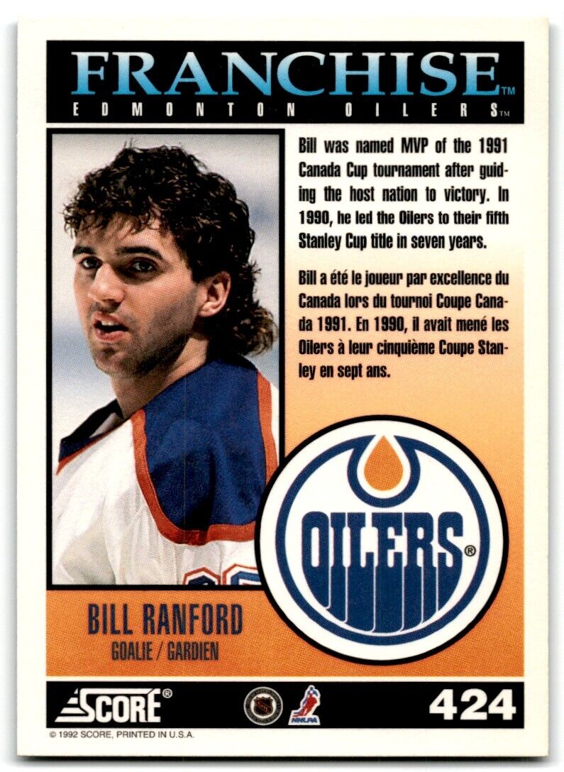 1992-93 Score Bill Ranford Edmonton Oilers #424