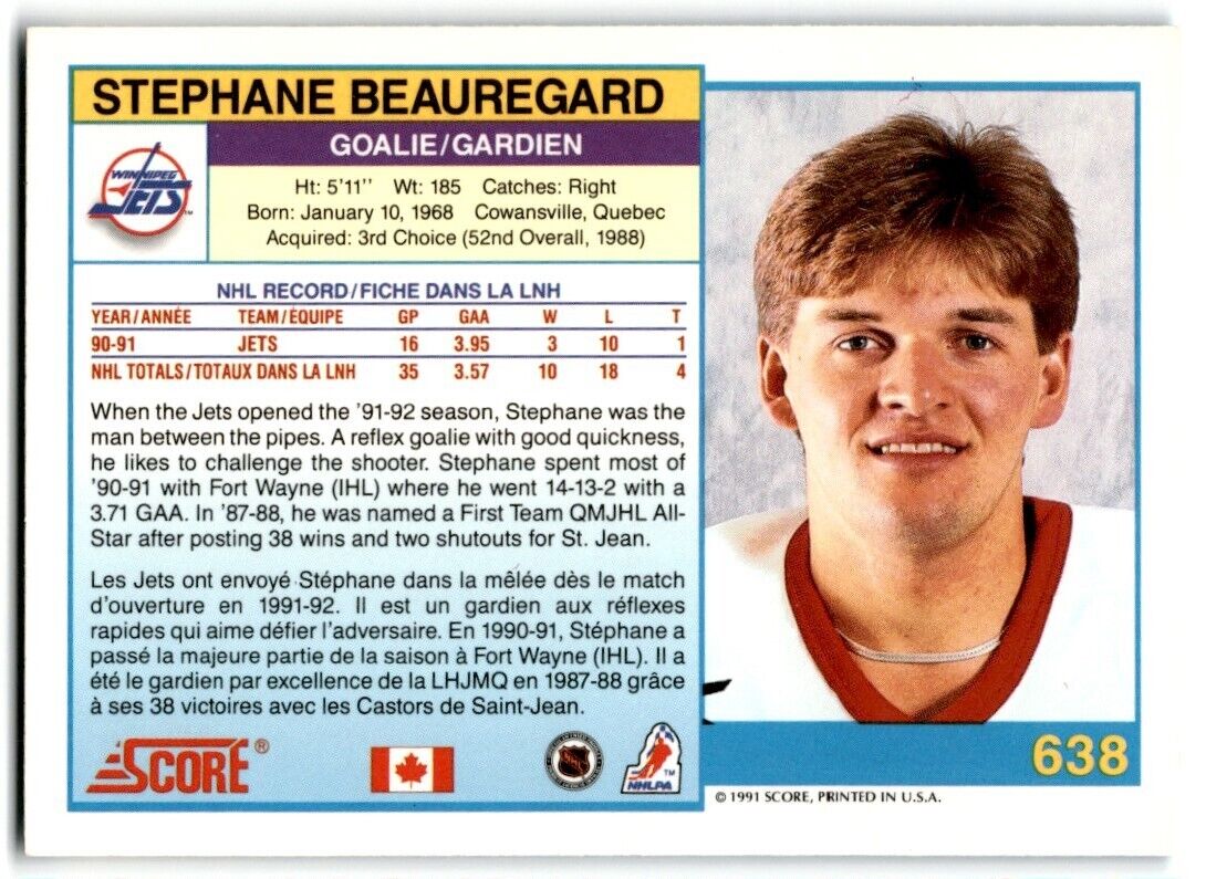 1991-92 Score Canadian Bilingual Stephane Beauregard Winnipeg Jets #638