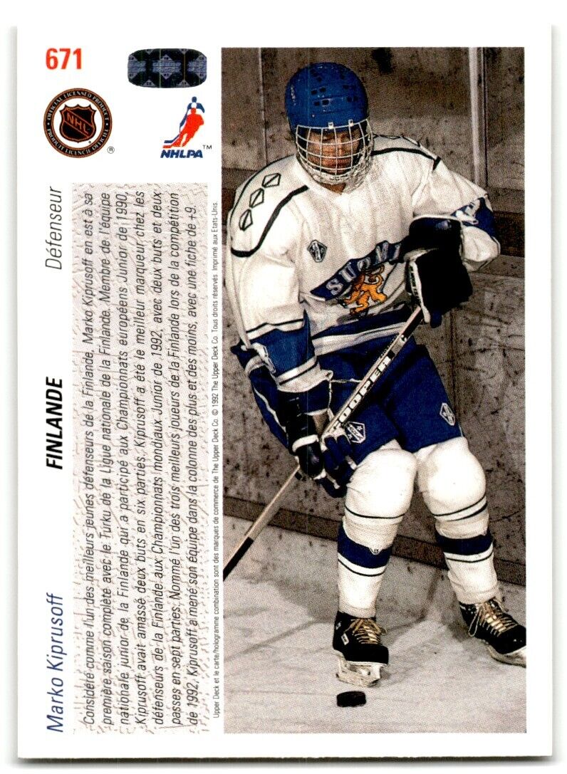 1991-92 Upper Deck Marko Kiprusoff Rookie Finland #671