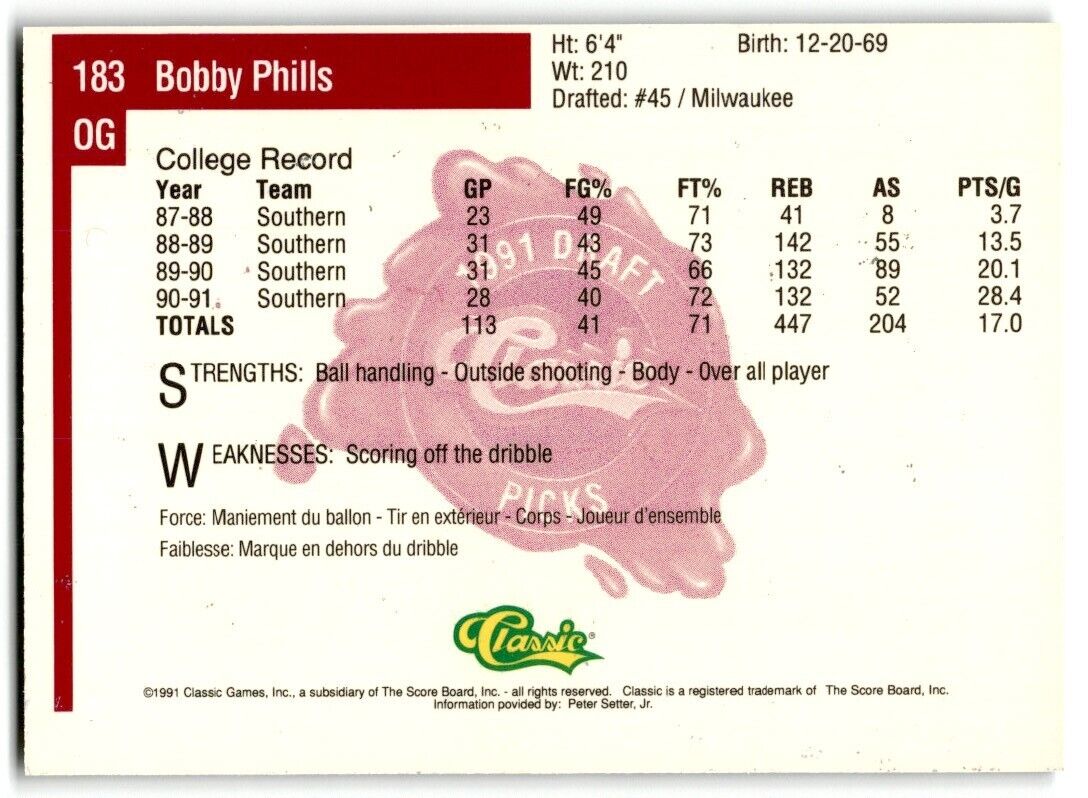 1991-92 Classic Bobby Phills Rookie Southern Jaguars #183