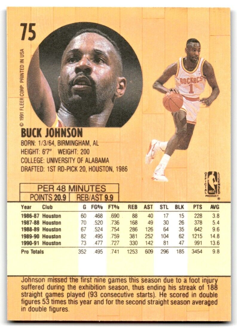 1991-92 Fleer Buck Johnson Houston Rockets #75