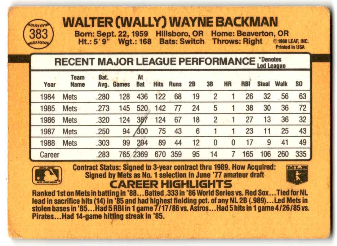 1989 Donruss Wally Backman New York Mets #383