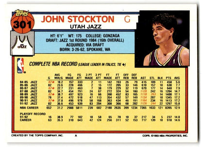 1992-93 Topps John Stockton Utah Jazz #301