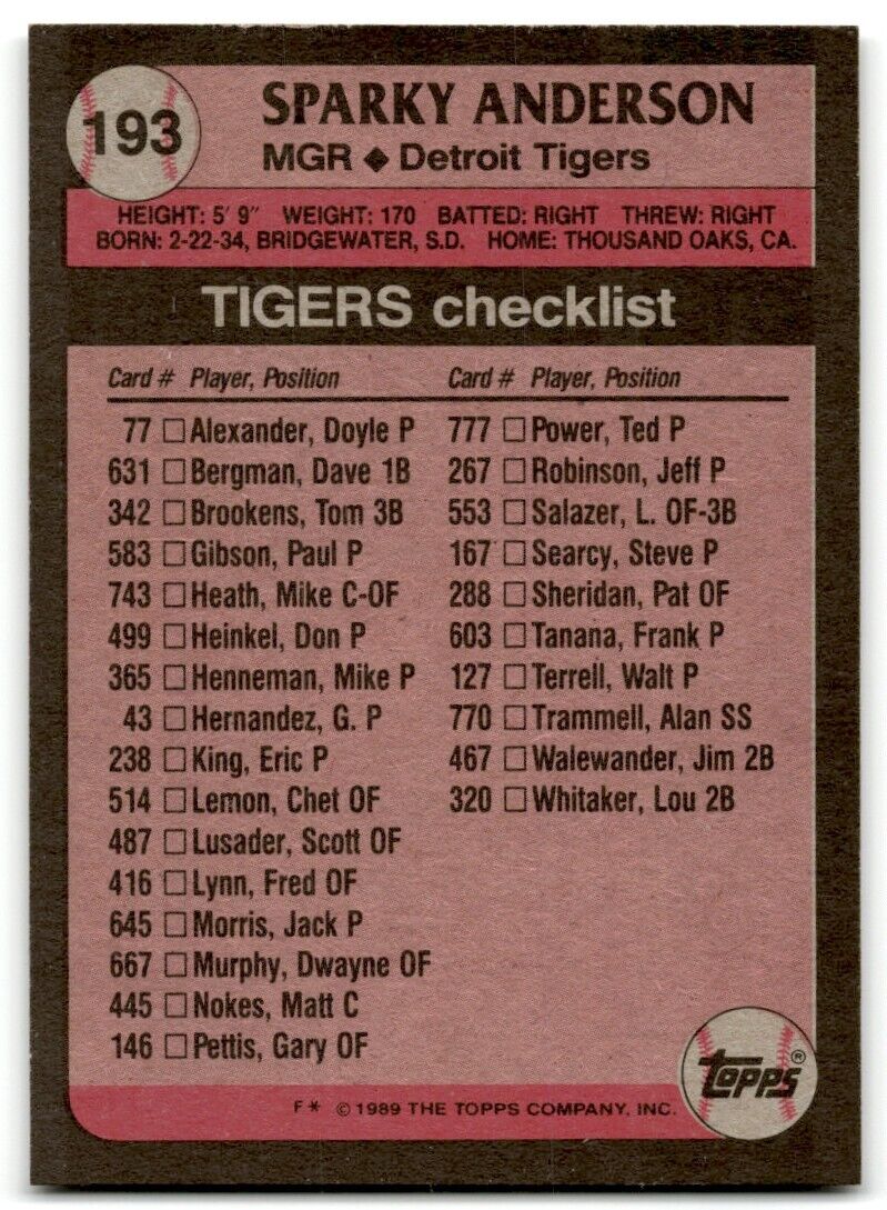 1989 Topps Sparky Anderson Detroit Tigers #193