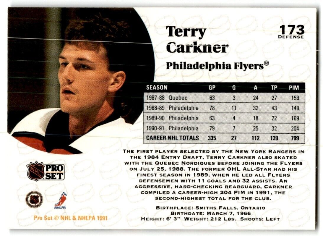 1991-92 Pro Set Terry Carkner Philadelphia Flyers #173