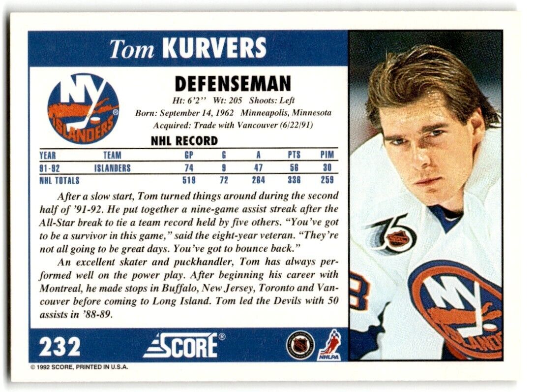 1992-93 Score Tom Kurvers New York Islanders #232