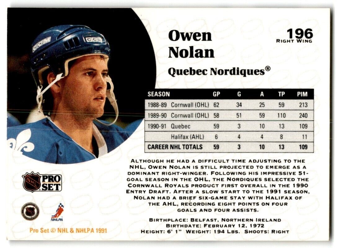 1991-92 Pro Set Owen Nolan Quebec Nordiques #196