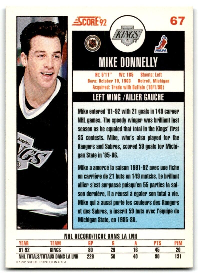 1992-93 Score Mike Donnelly Los Angeles Kings #67