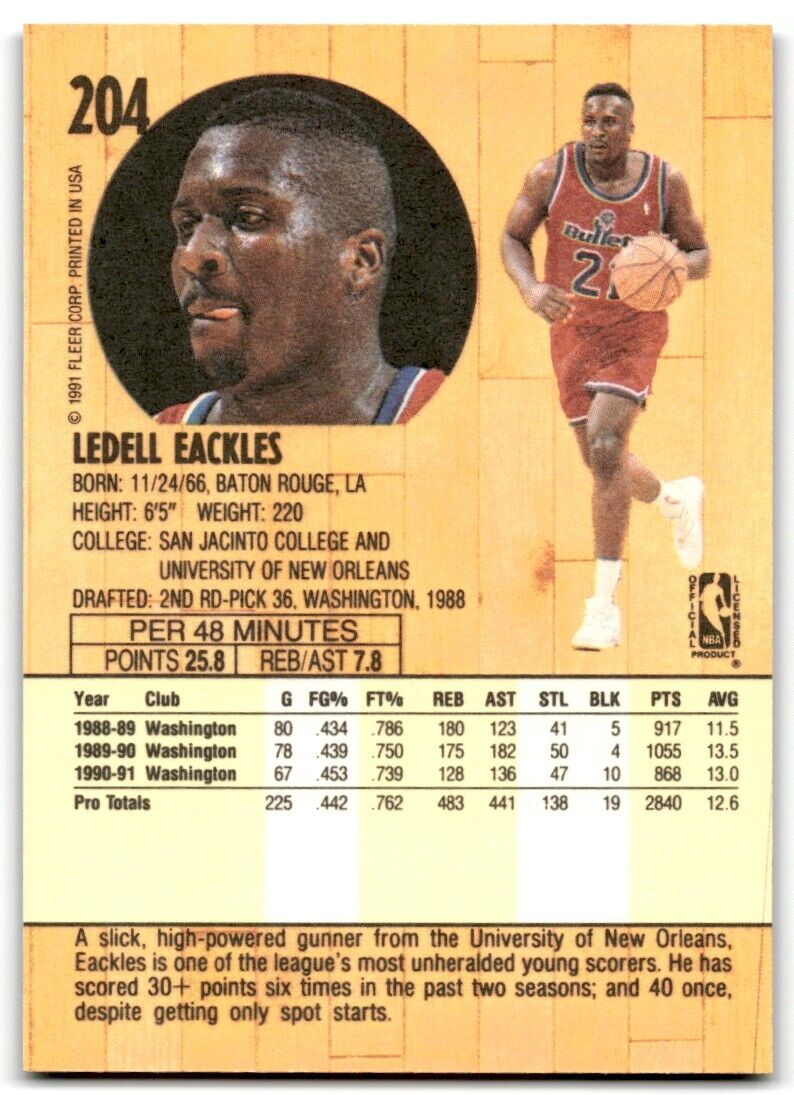 1991-92 Fleer Ledell Eackles Washington Bullets #204