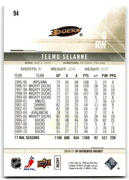 2010-11 SP Authentic Teemu Selanne Anaheim Ducks #94