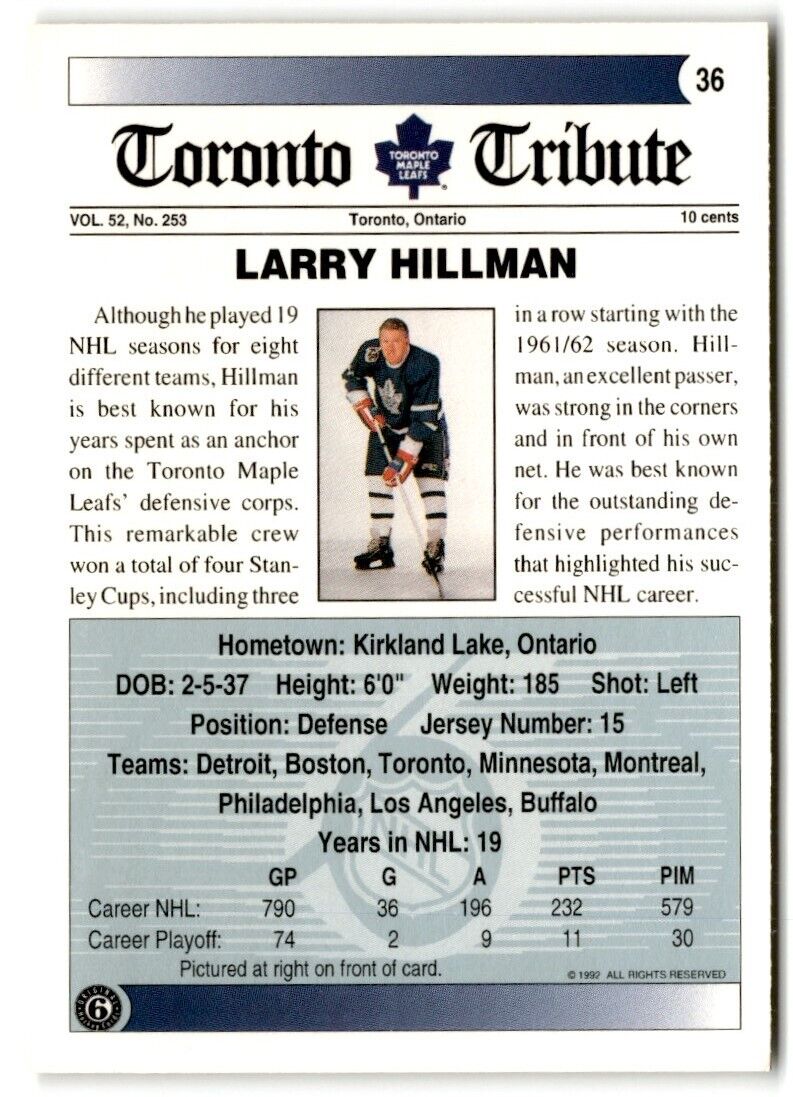 1991-92 Ultimate Original 6 French Larry Hillman Toronto Maple Leafs #36