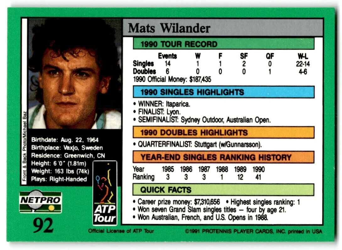 1991 Protennis player Cards Netpro Tour Star Mats Wilander #92