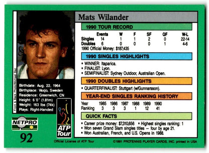 1991 Protennis player Cards Netpro Tour Star Mats Wilander #92