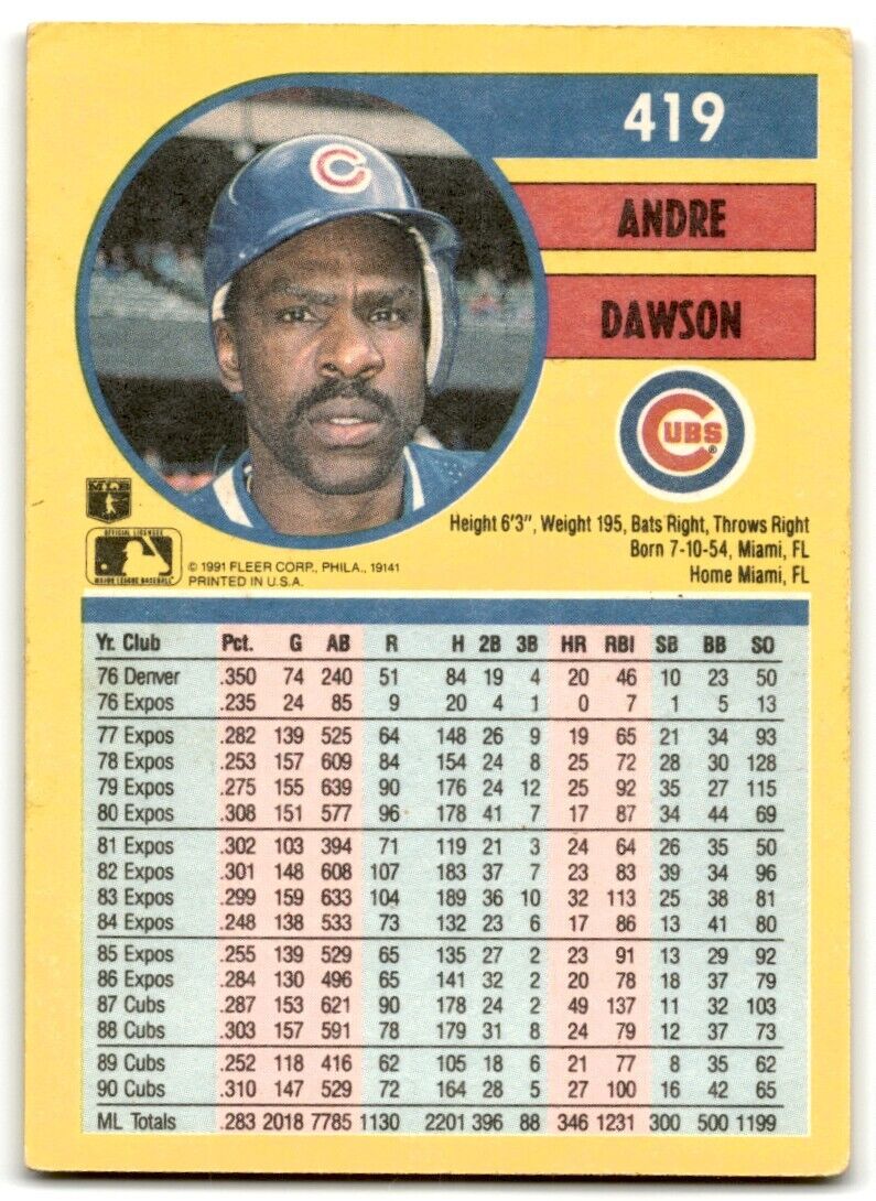 1991 Fleer Andre Dawson Chicago Cubs #419