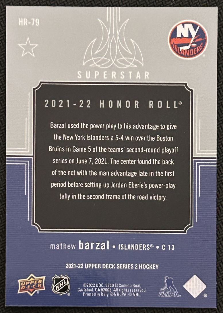 2021-22 Upper Deck Honor Roll Mathew Barzal New York Islanders #HR-79