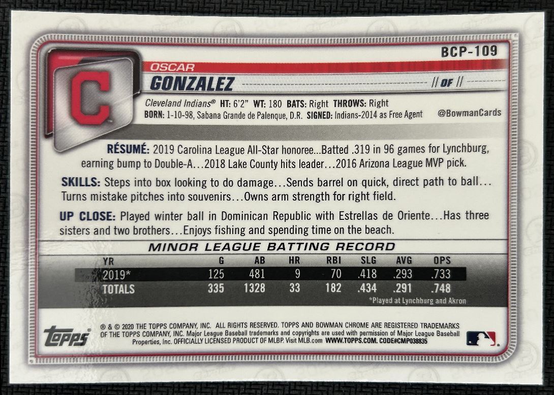 2020 Bowman Chrome Prospects Mojo Oscar Gonzalez Cleveland Indians #BCP-109