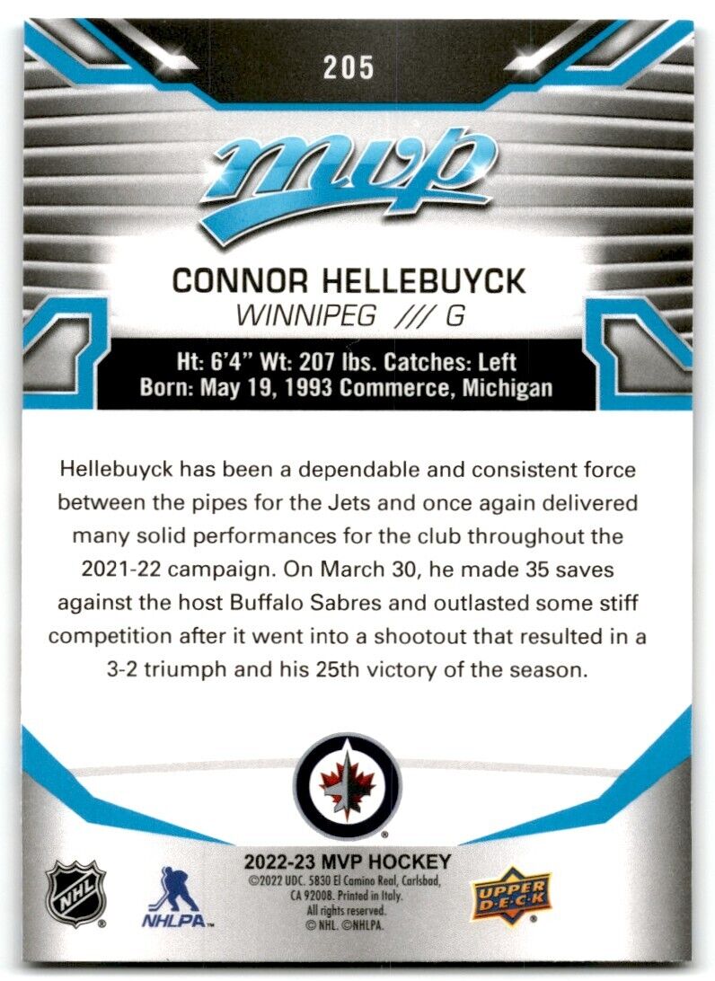 2022-23 Upper Deck MVP Connor Hellebuyck Winnipeg Jets #205