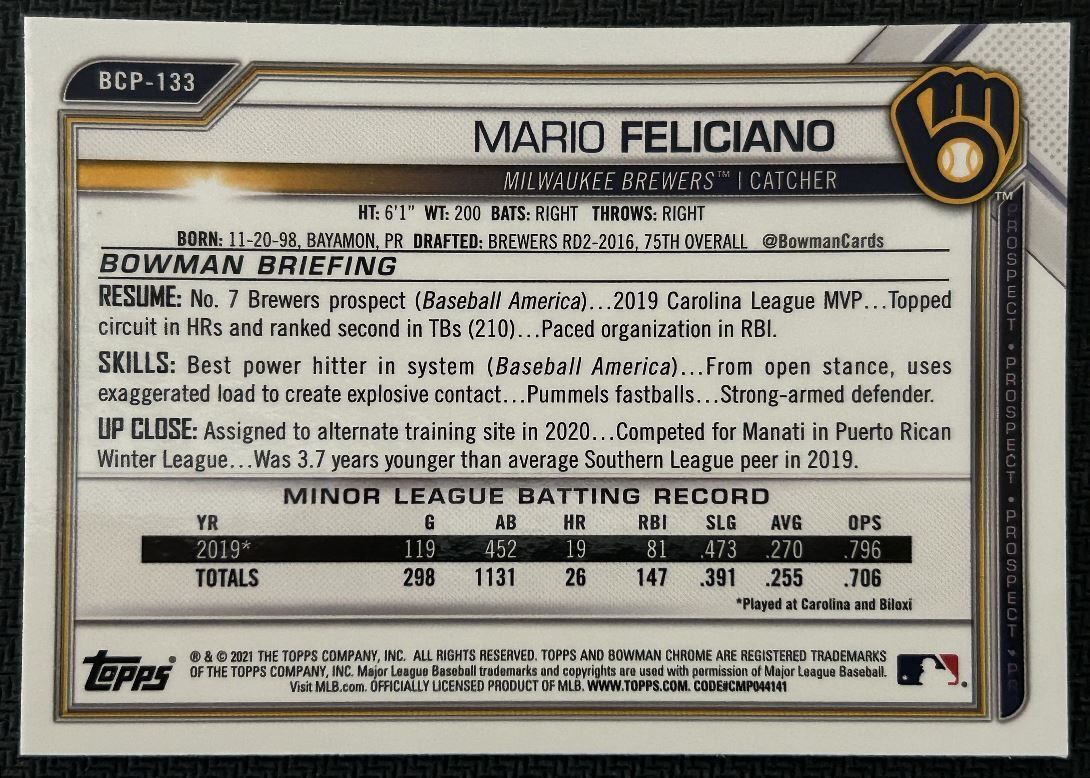 2021 Bowman Chrome Prospects Mario Feliciano Milwaukee Brewers #BCP-133