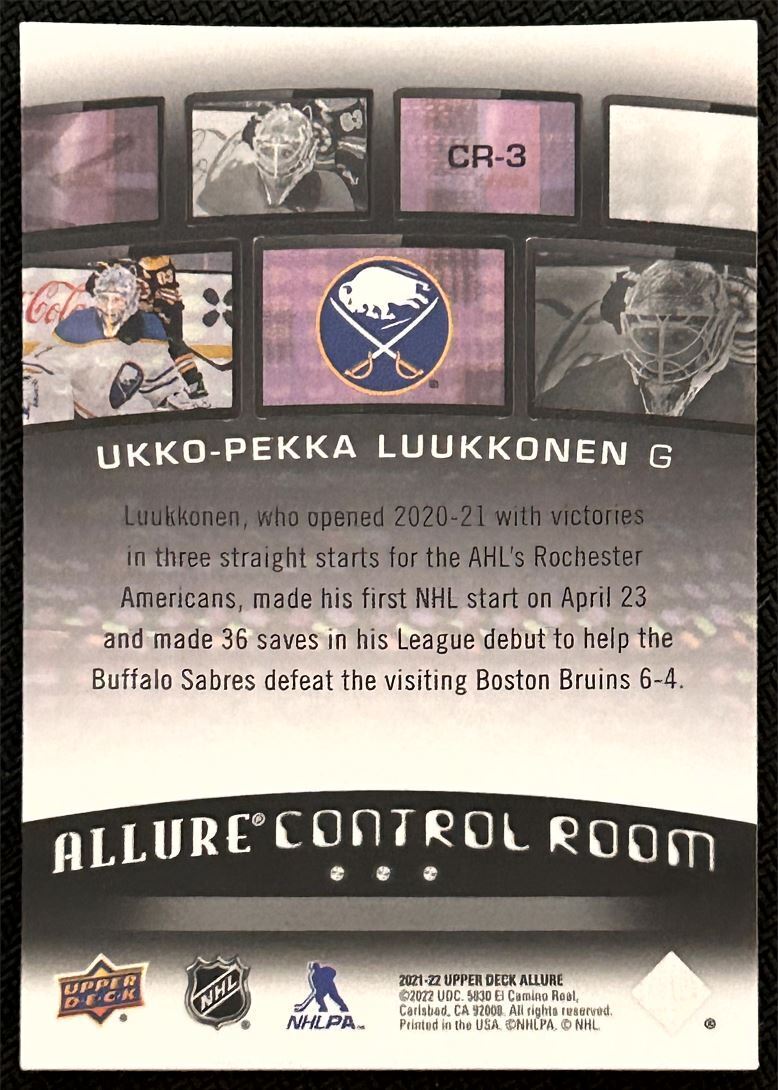 2021-22 Upper Deck Allure Control Room Ukko-Pekka Luukkonen Buffalo Sabres #CR-3