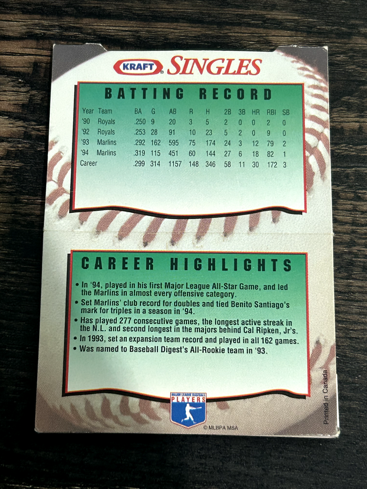 1995 Kraft Singles Superstars Jeff Conine Florida Marlins Baseball Card