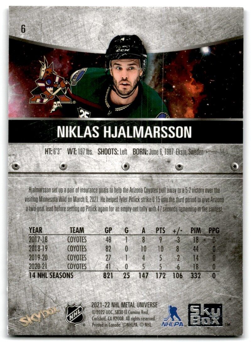 2021-22 Skybox Metal Universe Niklas Hjalmarsson Arizona Coyotes #6