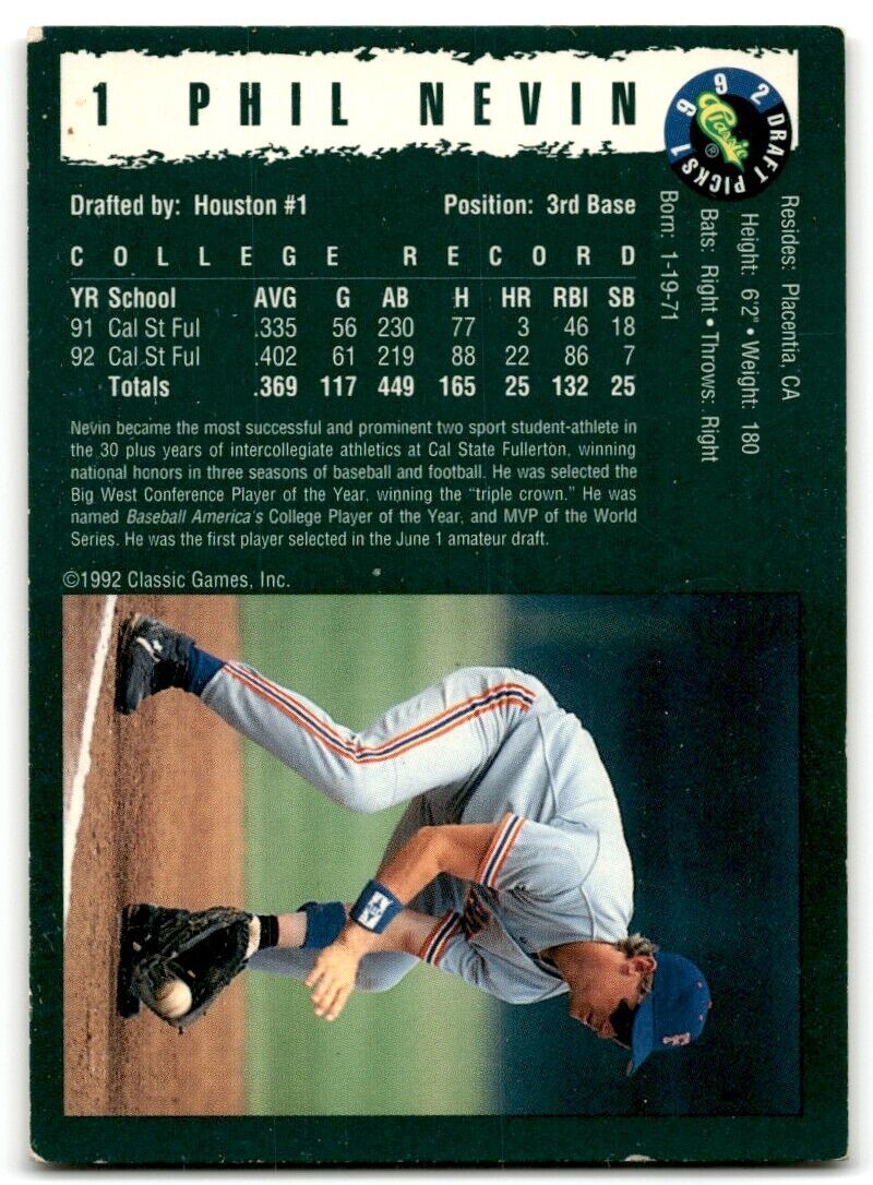 1992 Classic Draft Picks Phil Nevin Houston Astros #1