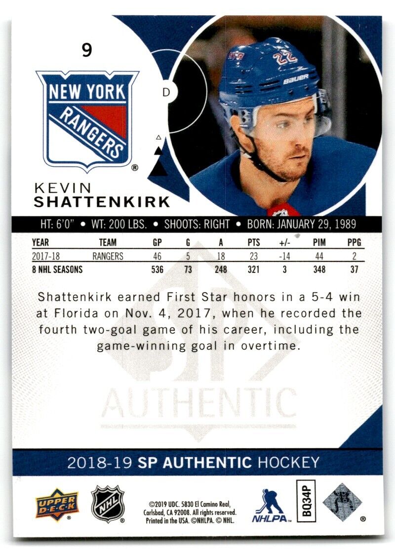 2018-19 SP Authentic Kevin Shattenkirk New York Rangers #9